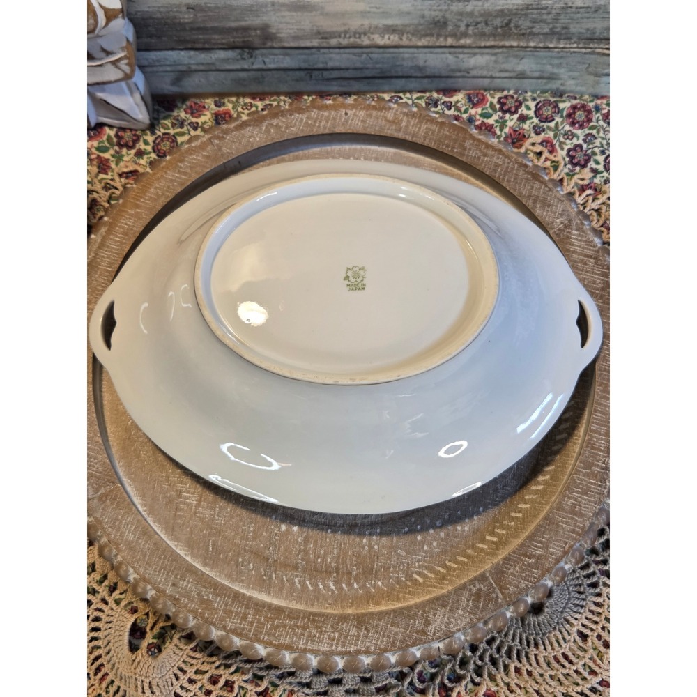Antique Made in Japan Porcelain Oval Serving Bowl Pink Rose Gold Handles Floral - Picture 5 of 8
